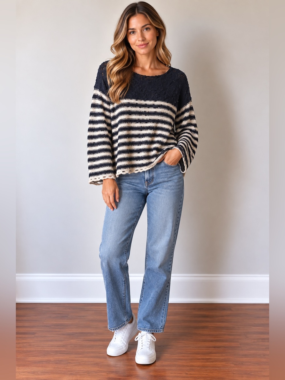 Free People Navy and White Striped Crew Sweater